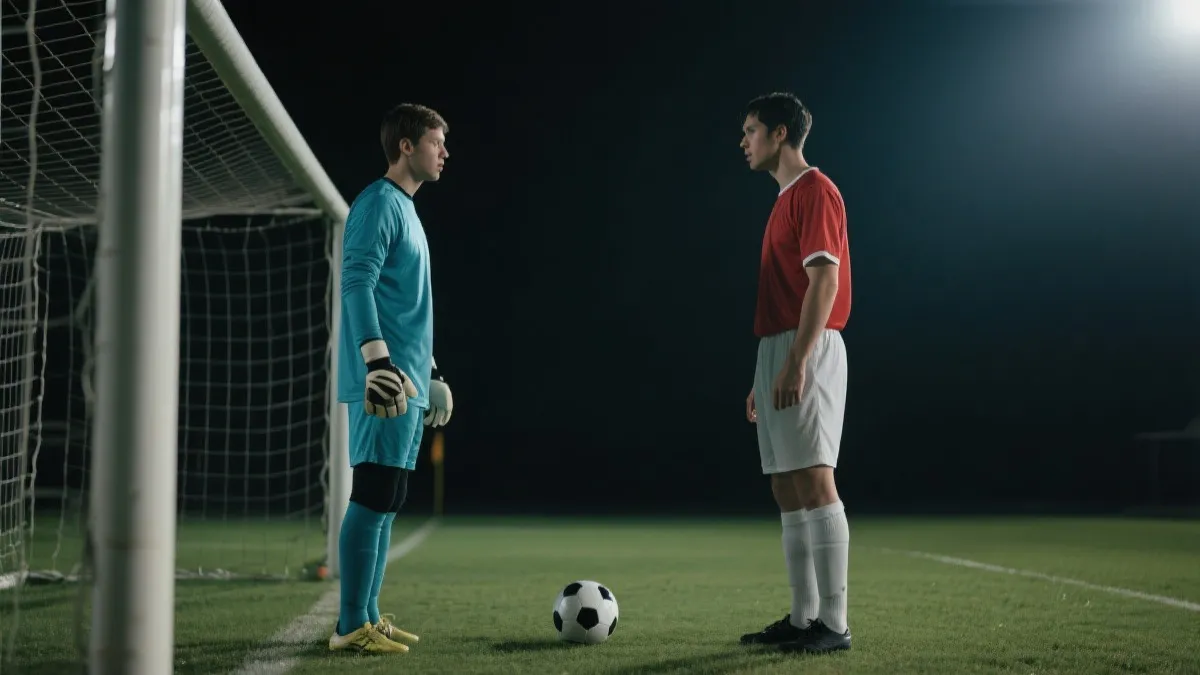 球员在点球大战前紧张站位的电影感画面