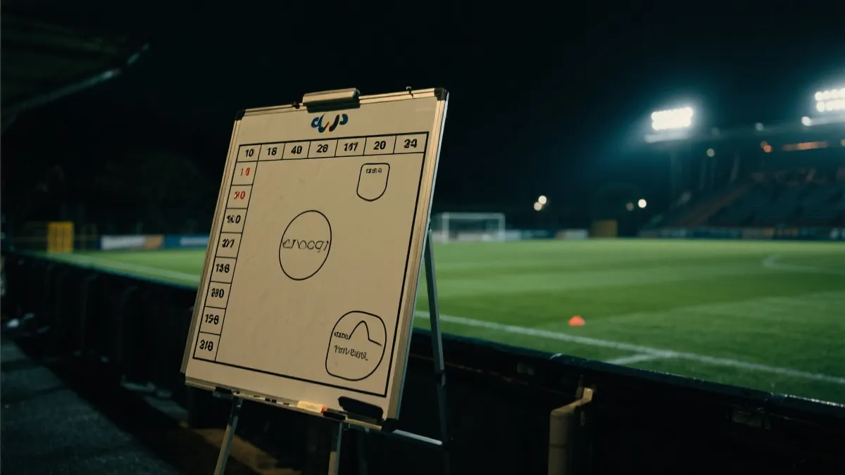 夜晚球场上的战术板与赛程标记，紧张氛围的足球视觉