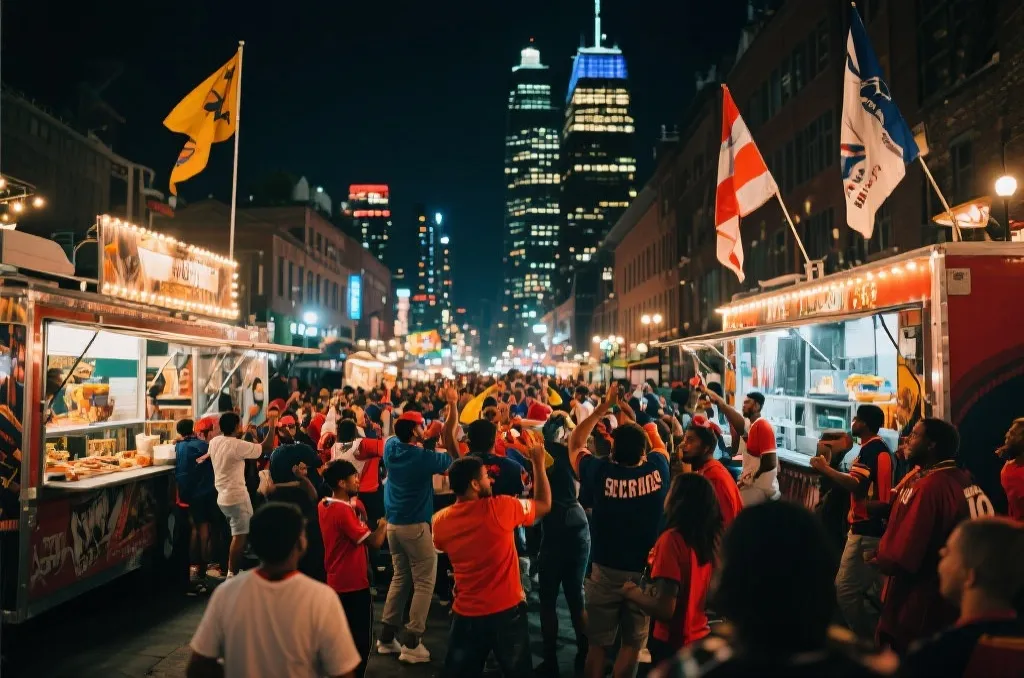 世界杯球迷在城市广场庆祝与观赛的夜景